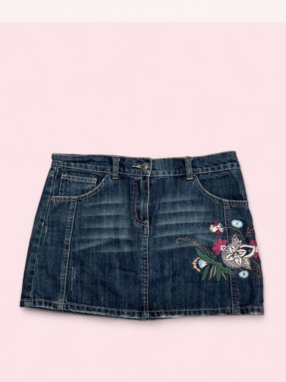 Y2K Embroidered Denim Mini Skirt | Floral Sequin Dark Wash Jean Skirt